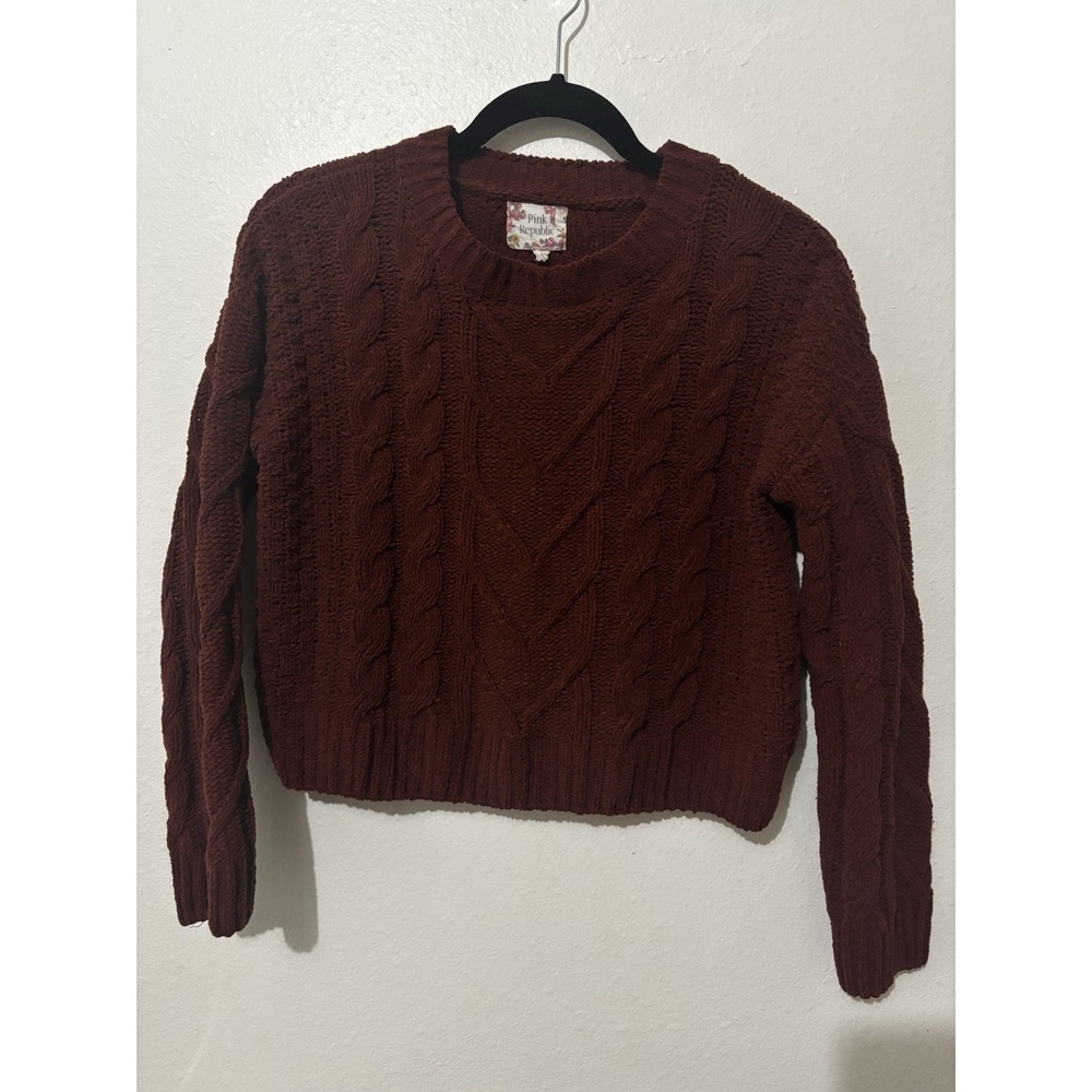 Pink Republic Cable Knit Pullover Sweater Brown Crew Neck Size S